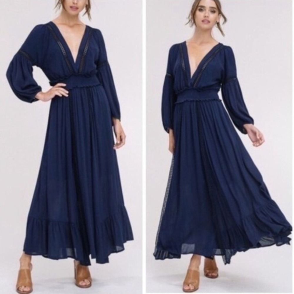 Listicle Navy Blue Boho Lattice Trim V-Neck Smocked‎ Maxi Dress Small NWT